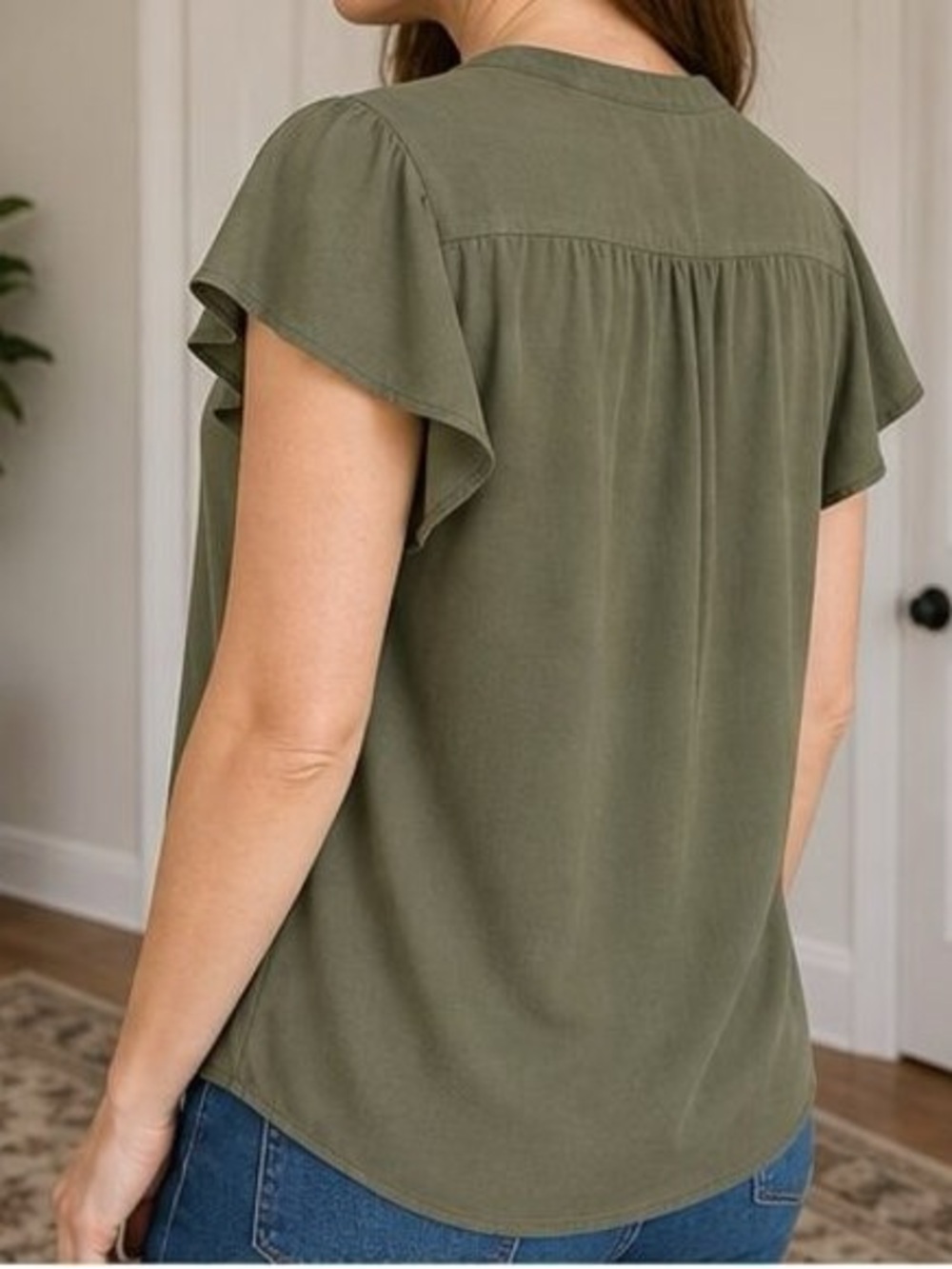 Olive Tie-Neck Button Front Blouse - Women's Top - Picture 3 of 6